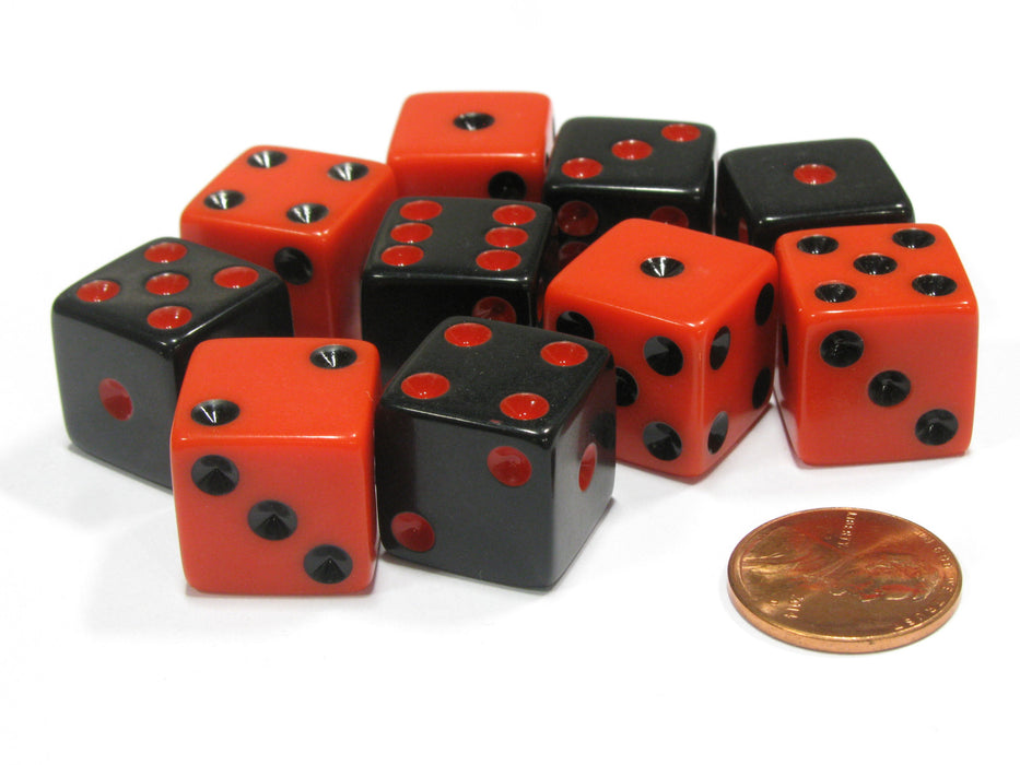 Set of 10 D6 16mm Dice - 5 Each of Black with Red Pip and Red with Black Pip