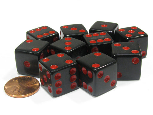 Set of 10 Six Sided Square Opaque 16mm D6 Dice - Black with Red Pip Die