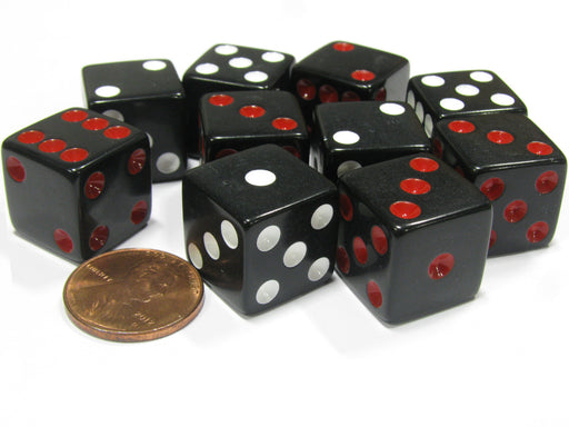 Set of 10 D6 16mm Dice, Inversed Pips- 5 Black w Red Pip and 5 Black w White Pip