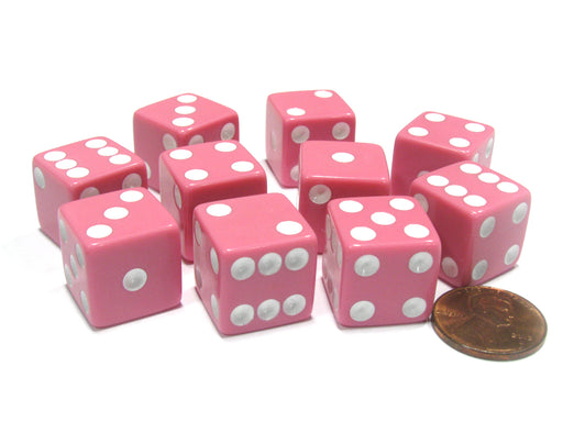 Set of 10 Six Sided Square Opaque 16mm D6 Dice - Pink with White Pip Die