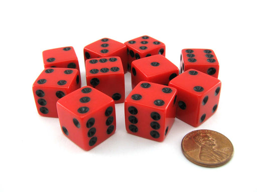 Set of 10 Six Sided Square Opaque 16mm D6 Dice - Red with Black Pip Die