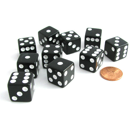 Set of 10 Six Sided Square Opaque 16mm D6 Dice - Black with White Pip Die