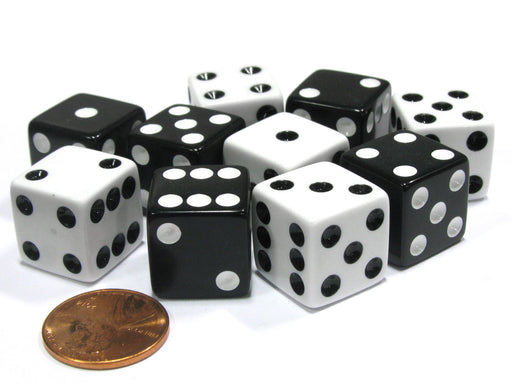 Set of 10 Six Sided 16mm D6 Dice - 5 Black w White Pip and 5 White w Black Pip