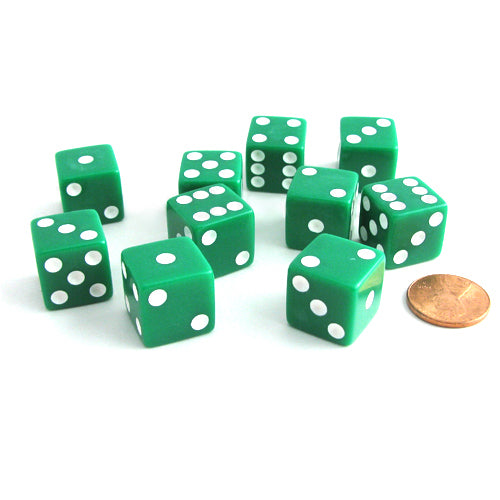 Set of 10 Six Sided Square Opaque 16mm D6 Dice - Green with White Pip Die