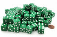 Pack of 100 Standard Sized 16mm Six-Sided Dice - Green with White Pips