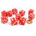 Set of 10 Six Sided Square Opaque 16mm D6 Dice - Red with White Pip Die