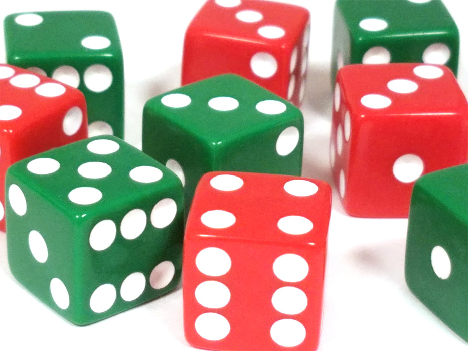 Set of 10 D6 Six Sided Opaque 16mm D6 Dice - Christmas Colors 5 Green & 5 Red