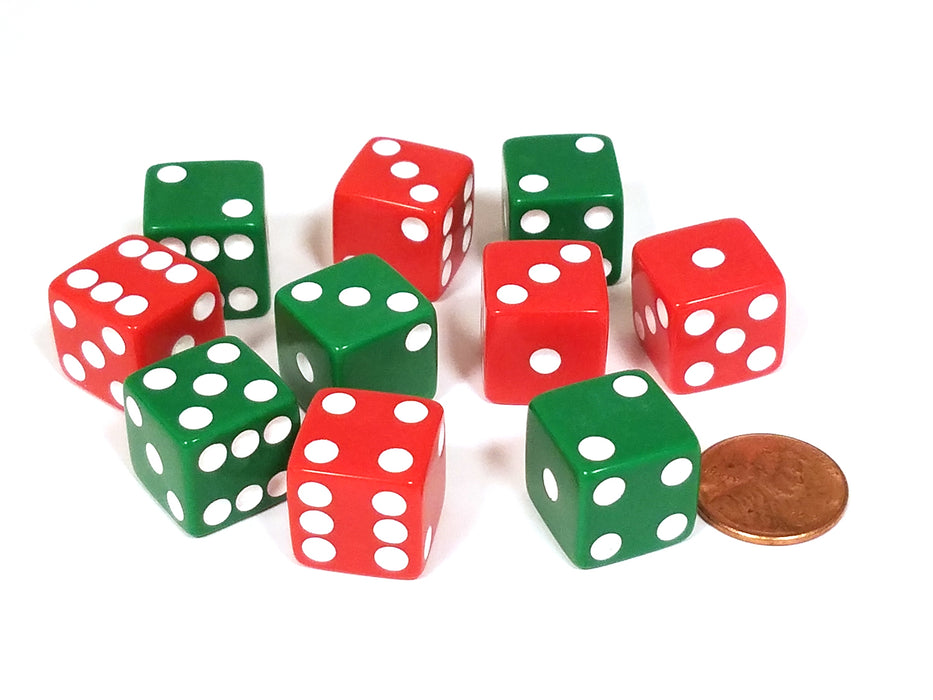 Set of 10 D6 Six Sided Opaque 16mm D6 Dice - Christmas Colors 5 Green & 5 Red