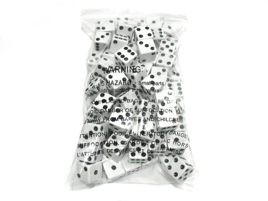 Pack of 100 Standard Sized 16mm Six-Sided Dice - White with Black Pips