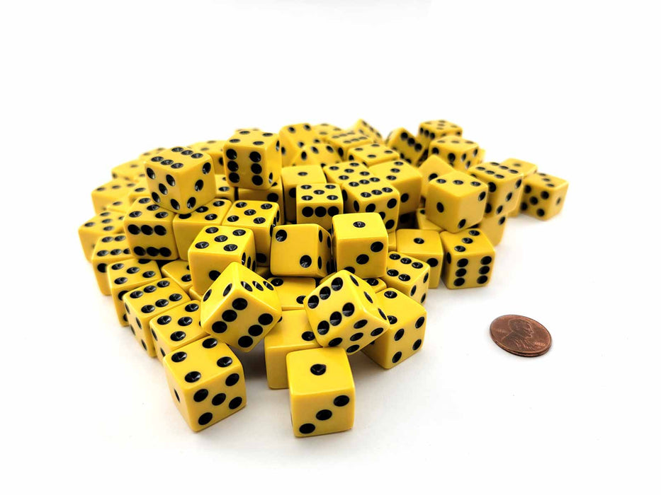 Pack of 100 Standard Sized 16mm Six-Sided Dice - Yellow with Black Pips