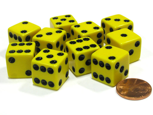 Set of 10 Six Sided Square Opaque 16mm D6 Dice - Yellow with Black Pip Die