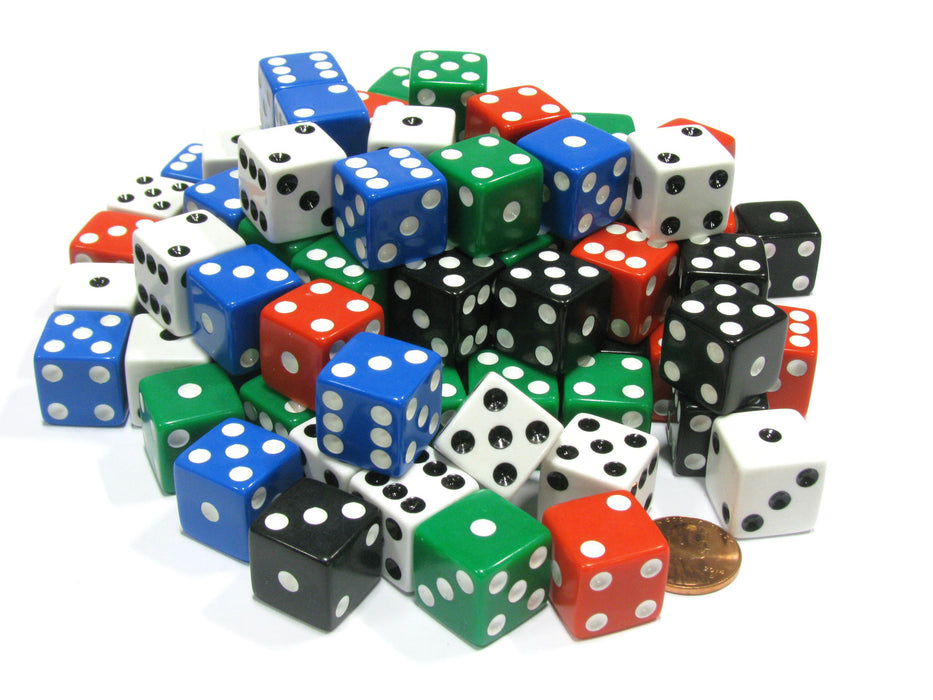 Pack of 100 Standard Sized 16mm Six-Sided Dice - Choose your color