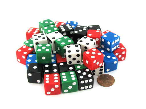 Pack of 50 Six Sided Square Opaque 16mm D6 Dice - Red White Blue Green