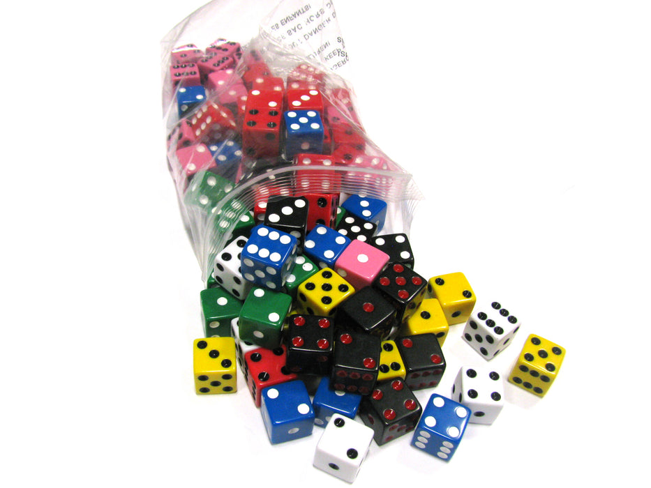 Set of 100 D6 16mm Assorted Dice-White Blue Green Yellow Pink(2) Black(2) Red(2)