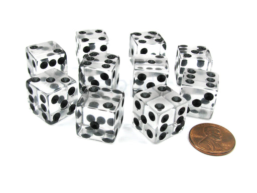 Pack of 10 16mm D6 Square Edge Transparent Dice - Clear with Black Pips