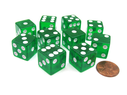 Pack of 10 16mm D6 Square Edge Transparent Dice - Green with White Pips