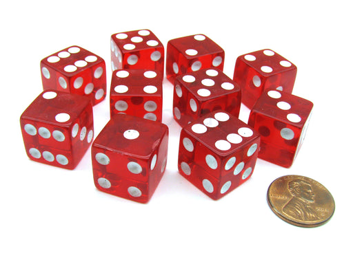 Pack of 10 16mm D6 Square Edge Transparent Dice - Red with White Pips