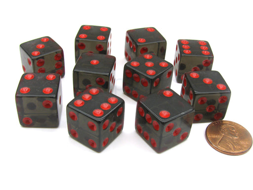 Pack of 10 16mm D6 Square Edge Transparent Dice - Black with Red Pips