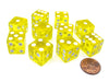 Pack of 10 16mm D6 Square Edge Transparent Dice - Yellow with White Pips