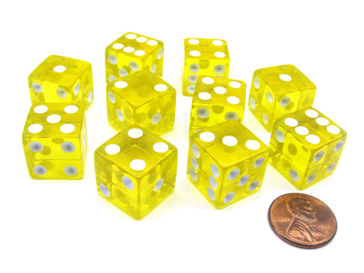 Pack of 10 16mm D6 Square Edge Transparent Dice - Yellow with White Pips