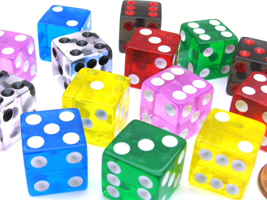 Pack of 14 16mm D6 Transparent Dice- 2 of Red Clear Green Black Blue Pink Yellow