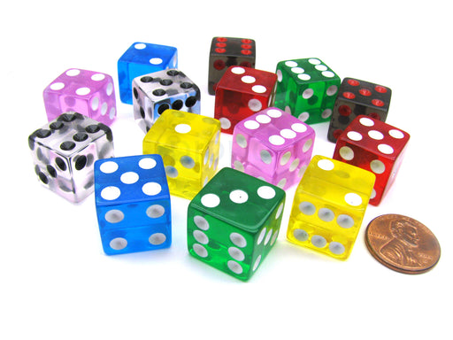 Pack of 14 16mm D6 Transparent Dice- 2 of Red Clear Green Black Blue Pink Yellow
