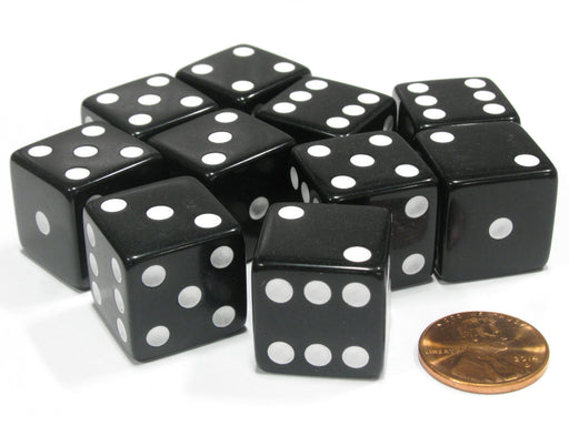 Set of 10 Large Six Sided Square Opaque 19mm D6 Dice - Black with White Pips