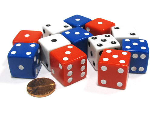 Set of 12 Large Six Sided 19mm D6 Dice - Patriotic USA 4 Ea of Red White & Blue
