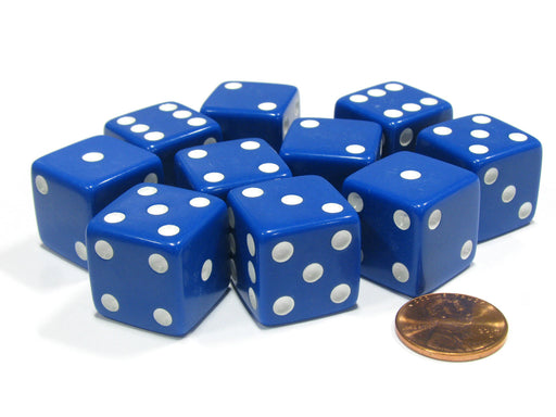 Set of 10 Large Six Sided Square Opaque 19mm D6 Dice - Blue with White Pips