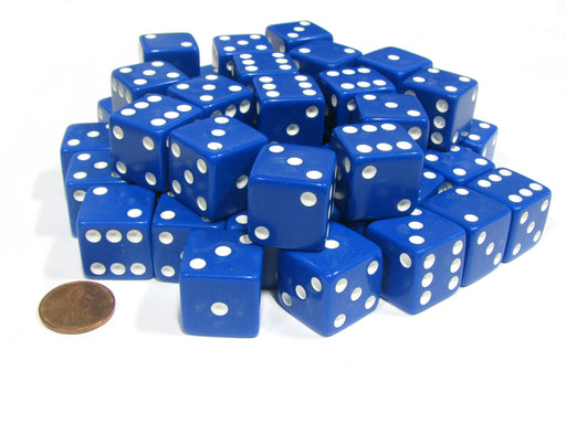 Set of 50 Large 19mm D6 Opaque Dice - Blue with White Pips
