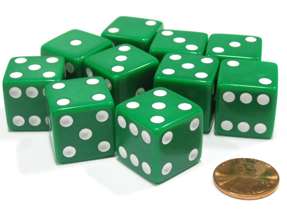 Set of 10 Large Six Sided Square Opaque 19mm D6 Dice - Green with White Pips