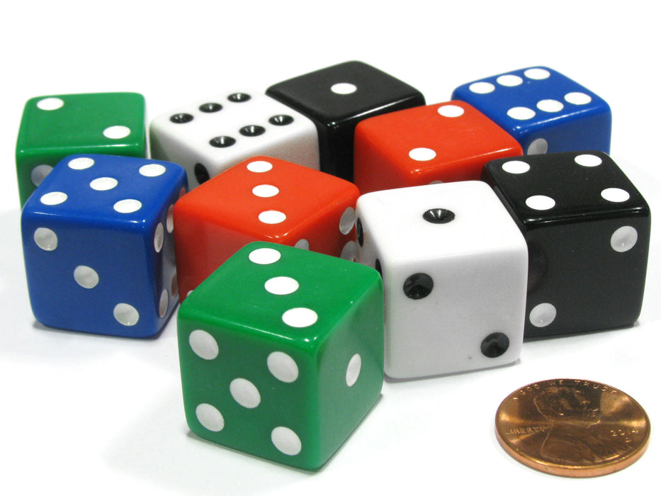 Set of 10 Large Square Opaque 19mm D6 Dice - 2 Each of 5 Colors