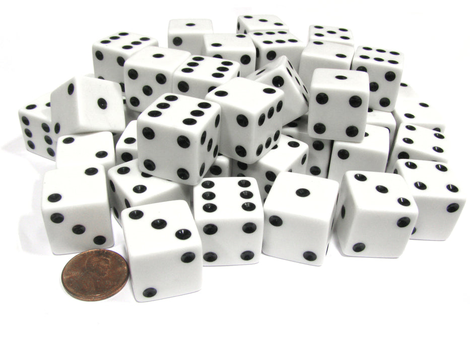 Set of 50 Large 19mm D6 Opaque Dice - White with Black Pips