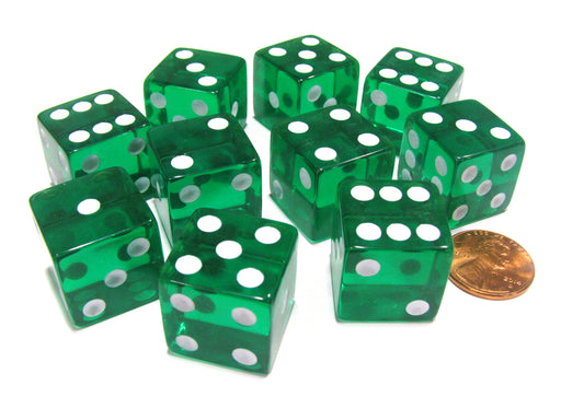 Set of 10 D6 Square Edged 19mm Dice - Transparent Green with White Pips