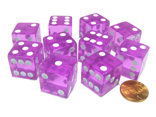 Set of 10 D6 Square Edged 19mm Dice - Transparent Pink with White Pips
