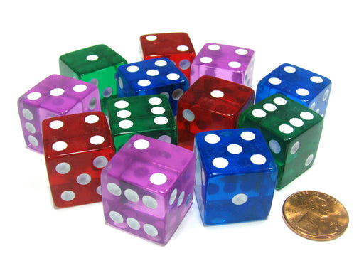 Set of 12 D6 19mm Dice - 3 Each of Transparent Blue Red Green and Pink