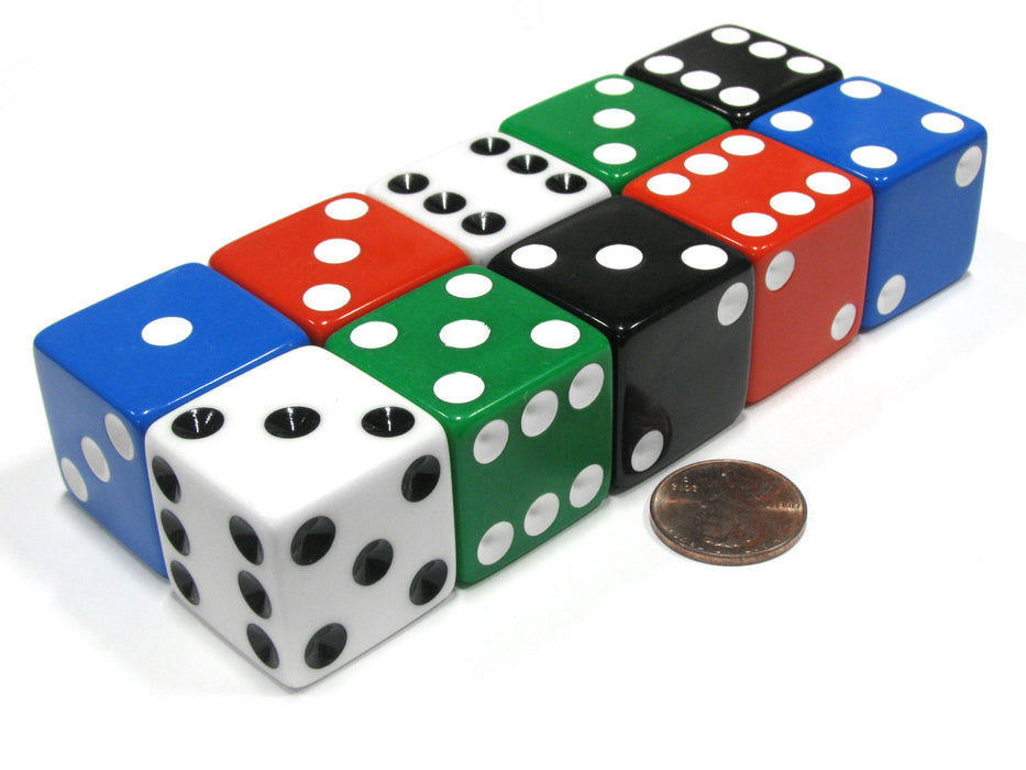 Pack of 10 Jumbo Large 25mm D6 Dice- 2 each of: Red, White, Blue, Black, Green