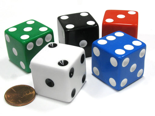 Set of 5 Jumbo Large Six Sided Square Opaque 25mm D6 Dice - 5 Assorted Colors