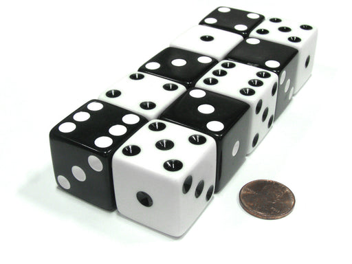 Set of 10 Inverse D6 25mm Large Opaque Jumbo Dice - 5 Each of White and Black