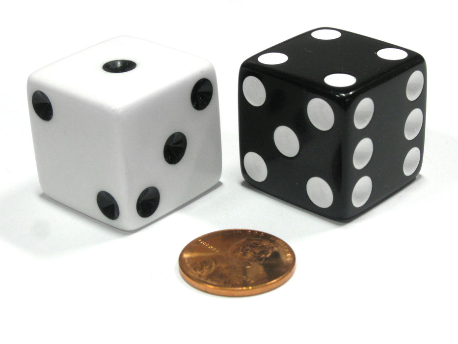 Set of 2 Inverse D6 25mm Large Opaque Jumbo Dice - 1 White and 1 Black