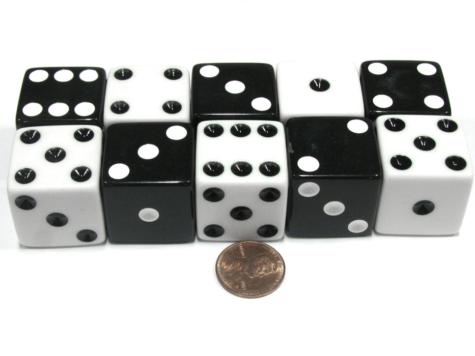 Set of 10 Inverse D6 25mm Large Opaque Jumbo Dice - 5 Each of White and Black