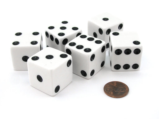 Set of 6 D6 25mm Large Opaque Jumbo Dice - White with Black Pip