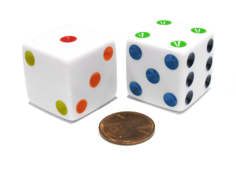Set of 2 D6 25mm Large Opaque Jumbo Dice - White with Multicolor Pips