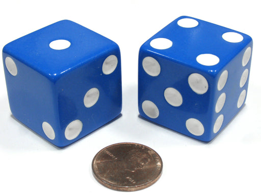 Set of 2 D6 25mm Large Opaque Jumbo Dice - Blue with White Pips