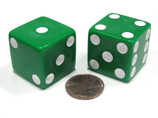 Set of 2 D6 25mm Large Opaque Jumbo Dice - Green with White Pips