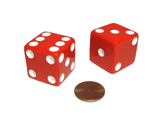 Set of 2 D6 25mm Large Opaque Jumbo Dice - Red with White Pips
