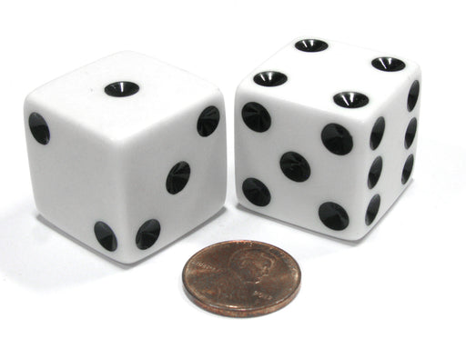 Set of 2 D6 25mm Large Opaque Jumbo Dice - White with Black Pips