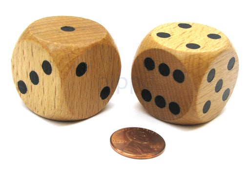 Set of 2 D6 Large Jumbo 30mm Rounded Wood Dice - Wooden with Black Pips