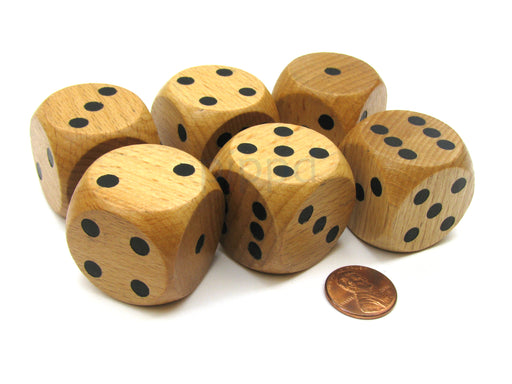 Set of 6 D6 Large Jumbo 30mm Rounded Wood Dice - Wooden with Black Pips