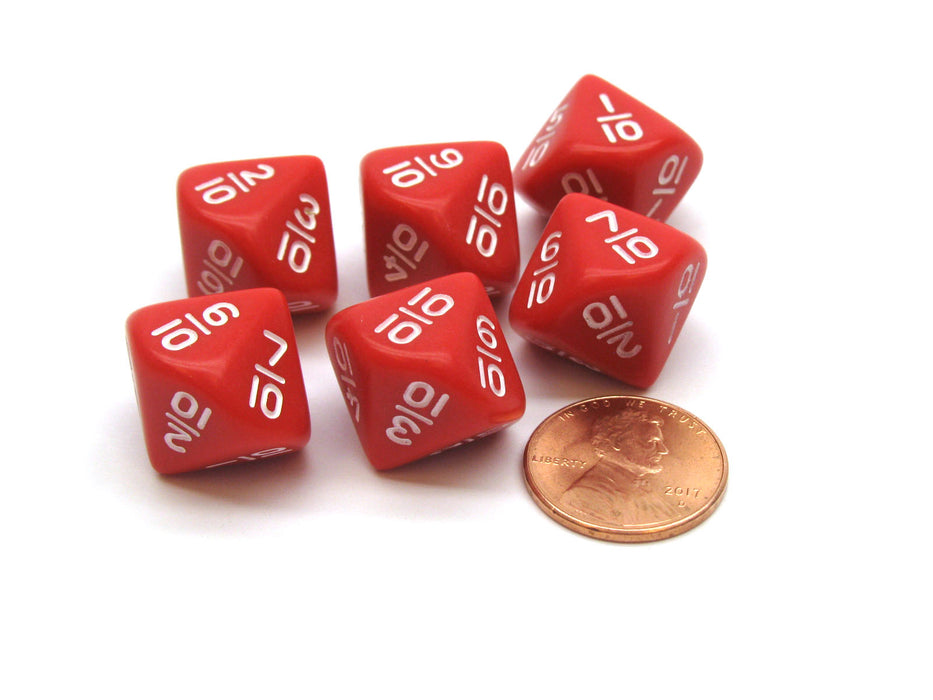 Pack of 6 10 Sided Fraction Math Dice: 1/10 to 10/10 - Red with White Numbers